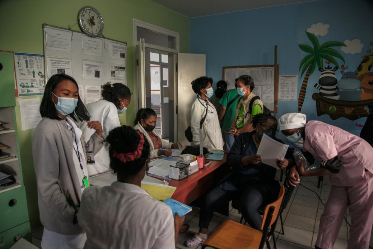 ANTANANARIVO, MADAGASCAR - Annick RAKOTOANOSY (in the center), Field Coordinator of the Tana base of ACF, meets the health staff of the CRENI (Center for Recovery and Intensive Nutritional Education) within the CHU BEFELATANANA in Antananarivo, supported by ACF.PHOTO: © RIJASOLO